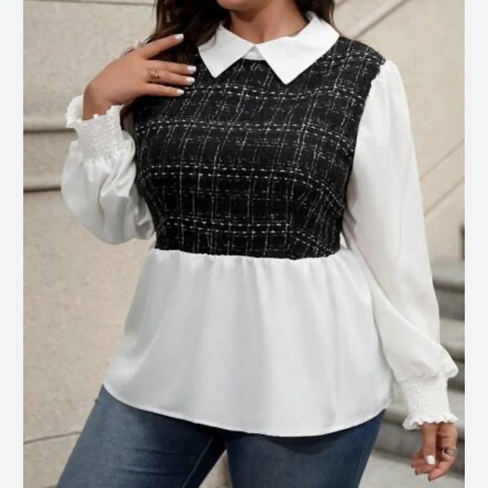 SHEIN Clasi 2-in-1 Plaid Peplum Blouse White Collar Smocked Cuff. Medium